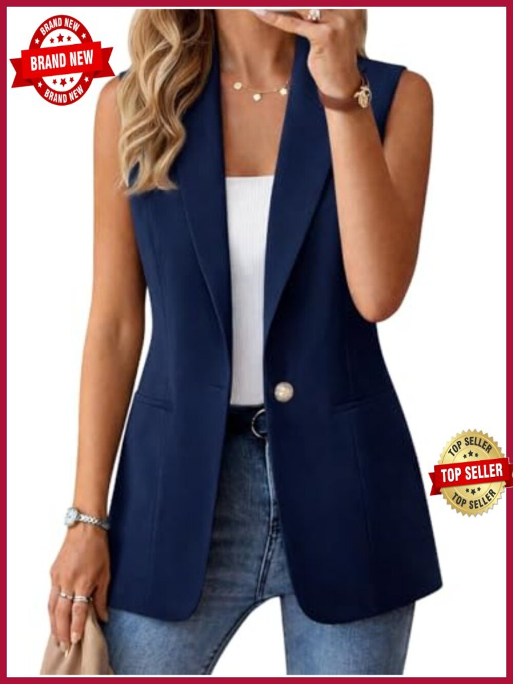 Sleeveless Open Front Blazer Vest Lightweight Casual Jacket